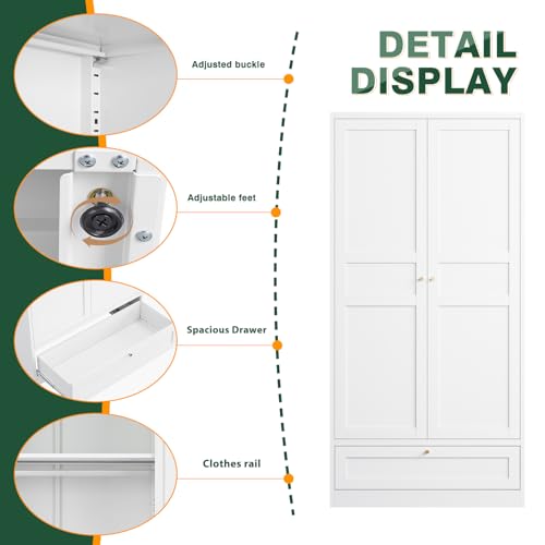 72-inch Metal Wardrobe Closet with Drawer, Adjustable Shelves and Hanging Rod