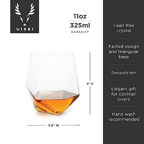 Faceted Viski Seneca Crystal Tumblers Set of 2, 11 oz Lowball Glasses for Whiskey & Cocktails