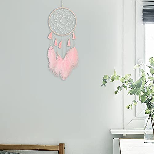 Handmade Pink Feather Dream Catcher Wall Hanging for Bedroom Nursery Decor