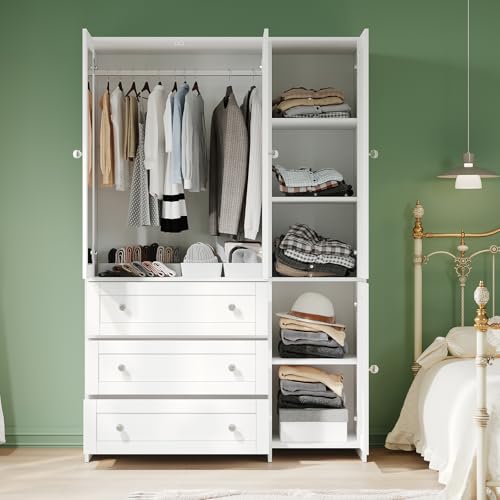 71-Inch Wooden Wardrobe Closet with Mirror, 3 Drawers and Hanging Rod
