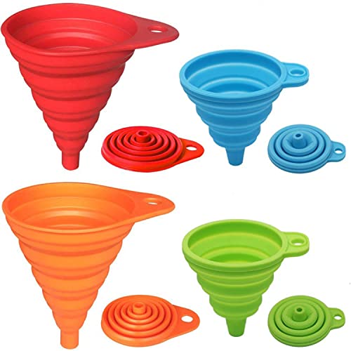 Collapsible Silicone Kitchen Funnel Set - 4 Pack Food Grade Folding Funnels