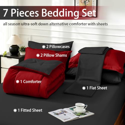 Queen Comforter Set 7 Pieces - Reversible Bedding Set with Sheets & Pillowcases