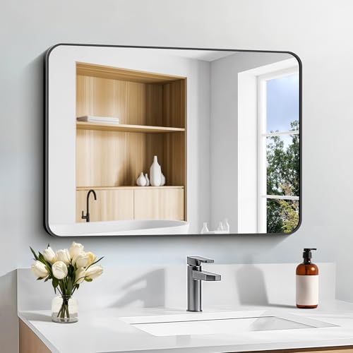 18x24 Inch Black Rectangle Wall Mirror, Shatterproof Metal Framed Vanity Mirror