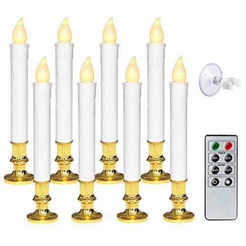 Wondise 8-Pack Flameless Window Taper Candles with Remote & Timer (5-Gold) - White Pillar LED Candles