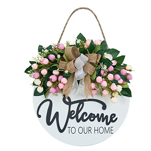 13-Inch Farmhouse Welcome Wreath with Pink Flowers for Front Door Decor