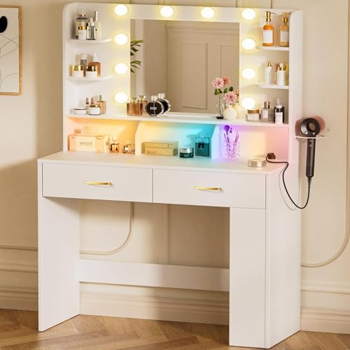 Modern Makeup Vanity Desk with LED Mirror, Charging Station & Storage