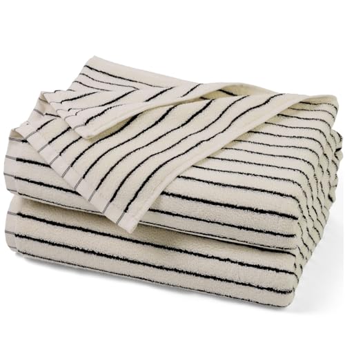 Black and Ivory Striped Bath Towels, Quick Dry Cotton Set of 2, 27.5x55