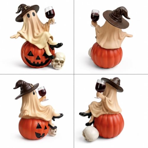 Resin Halloween Ghost Figurine with Witch Hat, Pumpkin & Wine Glass Decor