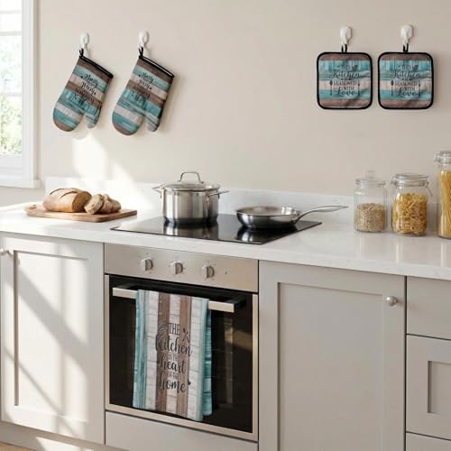 8-Piece Teal Rustic Kitchen Decor Set with Towels, Oven Mitts & Pot Holders