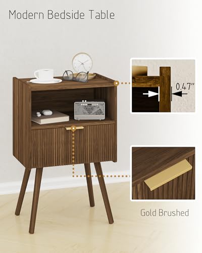 Modern Bedside Table Nightstand with Drawer and Open Shelf - Walnut Brown