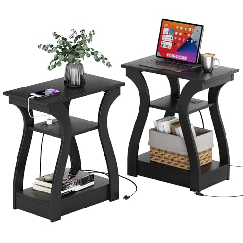 3-Tier End Tables Set of 2 with Charging Station, USB Ports & Outlets