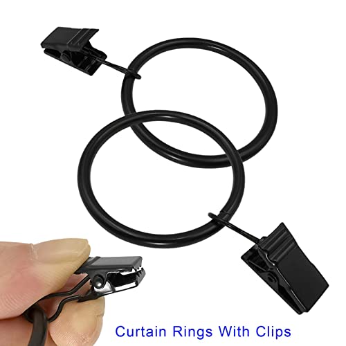 Heavy Duty Black Metal Curtain Rings with Clips, 1.5 Inch - 20 Pack