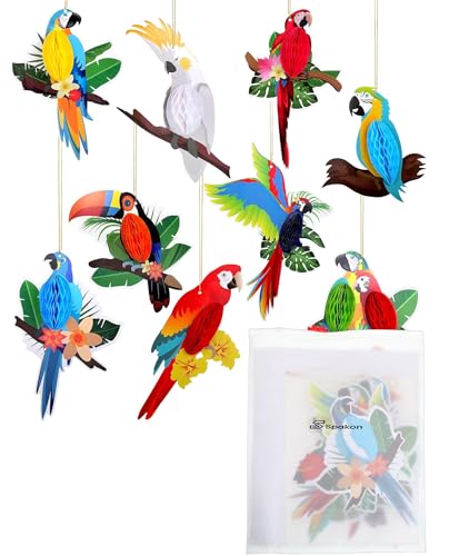Spakon 9-Pack Tropical Parrot Honeycomb Paper Decorations for Christmas & Party Decor
