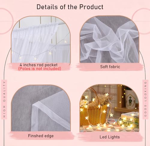 Bed Canopy Curtains with Star Lights - 8 Panel White Tulle Drapes (Full/Queen)