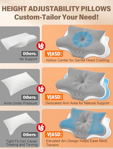 VJASD Grey Queen Cervical Neck Pillow for Pain Relief - Orthopedic Memory Foam with Cooling Cover