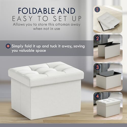 Small Storage Ottoman - Collapsible Linen Footrest Stool, White (12x16x12)