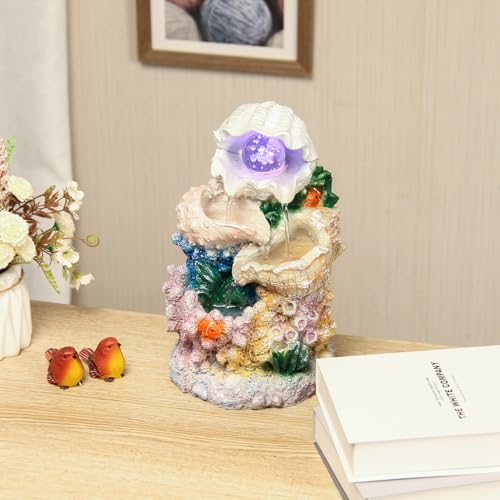 Ocean Themed Tabletop Waterfall Fountain with Coral and Seashell Decor