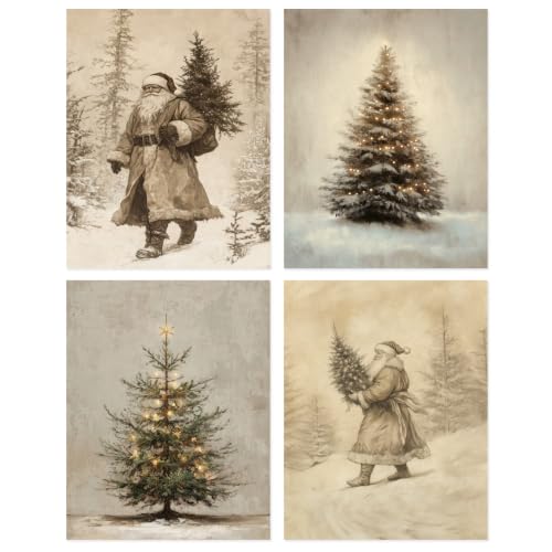 Vintage Christmas Wall Art Set - 8x10 Inches Holiday Prints Unframed - Variation of 10x8 Inch