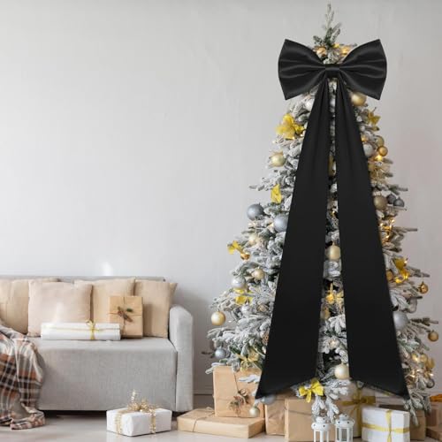 Juinte Extra Large Black Satin Christmas Bow Tree Topper, 23.6'' x 15.8'', 90'' Tassel