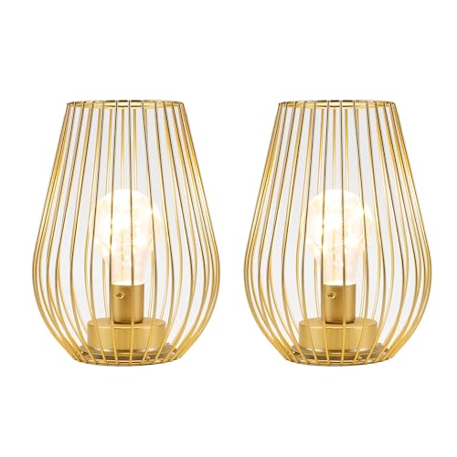 TRIROCKS Gold Metal Cordless Table Lamp Set of 2 - Cage-Shaped Battery Operated Fairy Lights for Indoor & Outdoor Decor