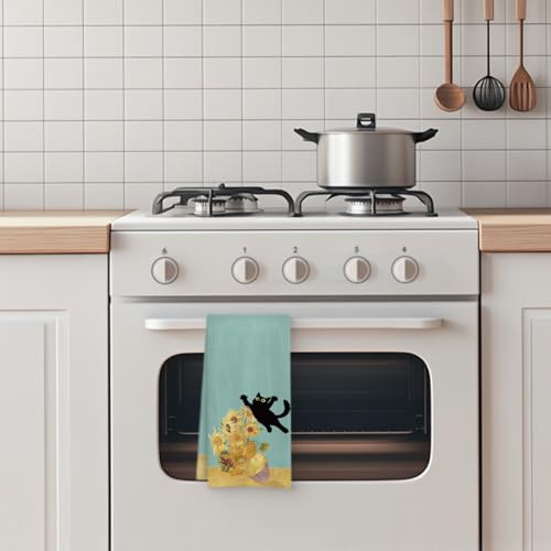 Funny Black Cat Kitchen Towel, Vintage Floral Kitten Dish Towel 16x24 Inch