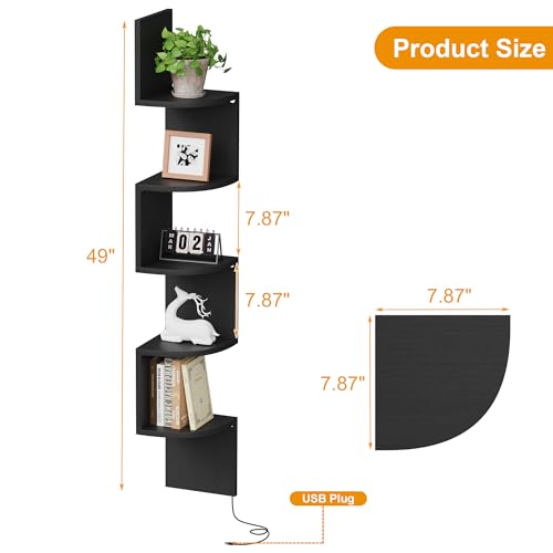 5-Tier Corner Wall Shelf with RGB LED Lighting, 49-Inch Floating Display