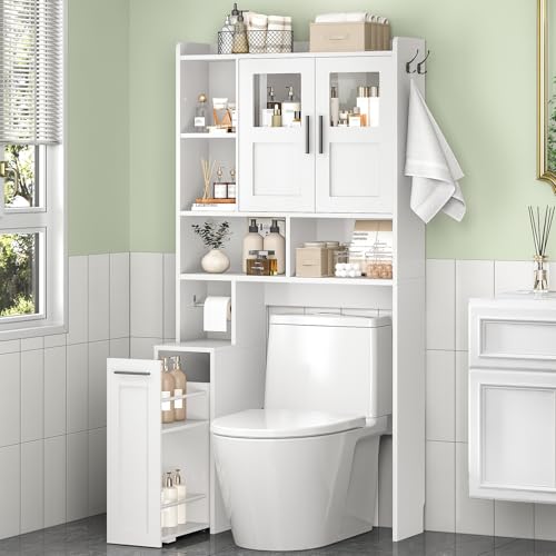 ELYKEN White Over The Toilet Storage Cabinet with Acrylic Doors & Pulley - Space-Saving Bathroom Organizer