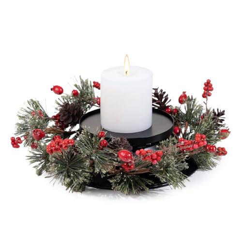 MOYEE Pine Needle Wreath 14-Inch Candle Holder, Black Metal Christmas Centerpiece