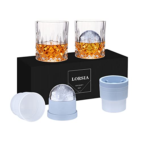 Crystal Whiskey Glass Set of 4 with 2 Large Ice Ball Molds - 10 Oz
