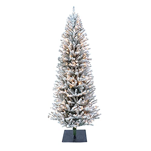Puleo International 6' Flocked Fir Artificial Christmas Tree with 300 Clear Lights, Pine Cones, Green