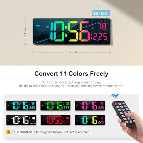 16" Large Digital Wall Clock with Remote Control - 11 RGB Colors & Night Light