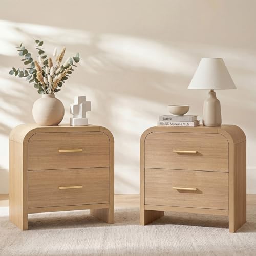 2-Drawer Curved Nightstand Set - Modern Wooden Bedside Table, 24-Inch