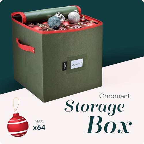 Green 64-Ornament Storage Organizer with Adjustable Dividers, Zippered Top