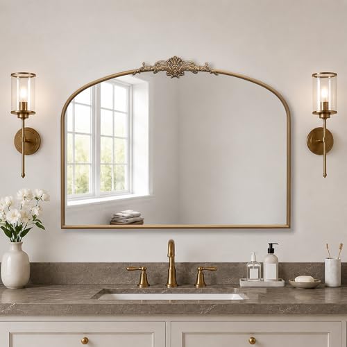 Large Arched Gold Wall Mirror, 40"x29" Antique Baroque Metal Framed Mirror