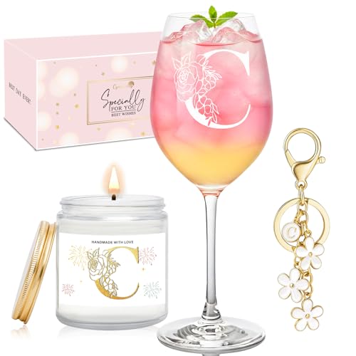 Personalized Monogram Wine Glass & Keychain Gift Set for Women - Variation C