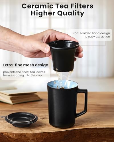 15 oz Ceramic Tea Mug with Lid & Porcelain Infuser - All Natural Filter, Microwave & Dishwasher Safe, BPA-Free, Black