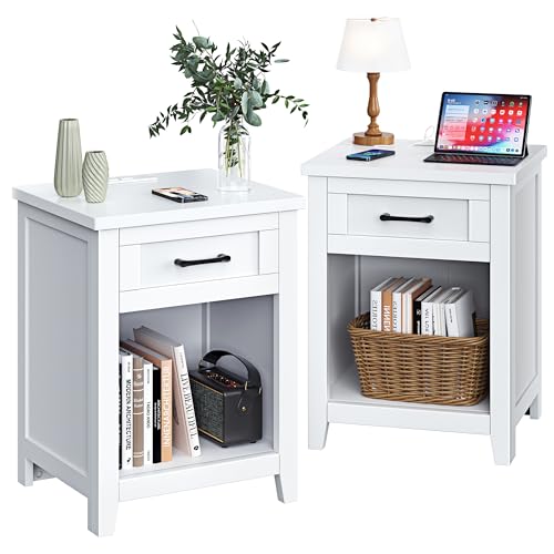 Set of 2 Farmhouse Nightstands with Charging Station, USB Ports & Drawer