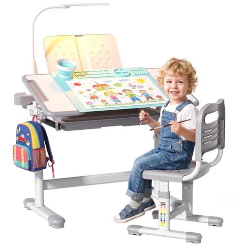 Height Adjustable Kids Desk and Chair Set with LED Lamp and Silicone Mat