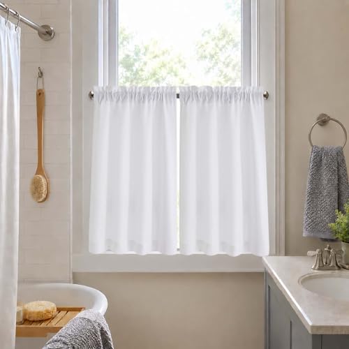 White Faux Linen Tier Curtains 36 Inch - Light Filtering Cafe Curtains, 2 Panels