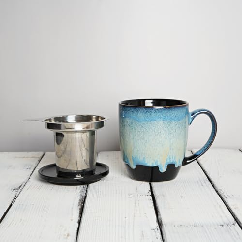 Bosmarlin 16 Oz Blue Ceramic Tea Mug with Infuser & Lid - Microwave & Dishwasher Safe