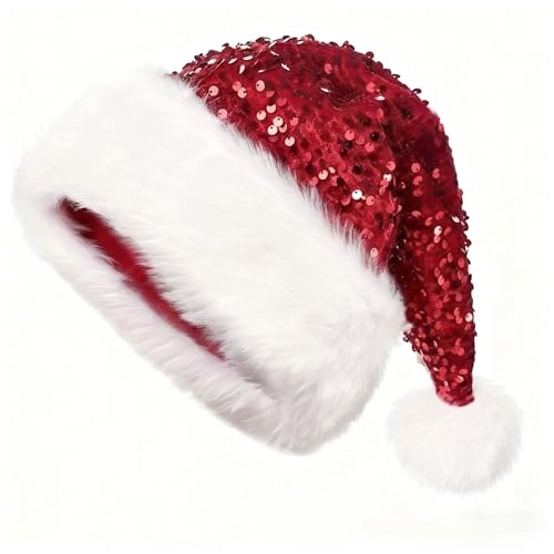 KorhLeoh Red Sequin Santa Hat for Men & Women - Glittery Party Christmas Hat, Medium