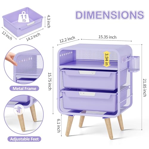Kids Metal Nightstand with 2 Drawers and Storage Basket - Purple