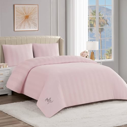 King Size Duvet Cover Set - Pink Striped Velour 3 Piece Bedding