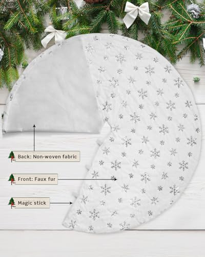 48-Inch White Faux Fur Christmas Tree Skirt with Silver Sequin Snowflakes