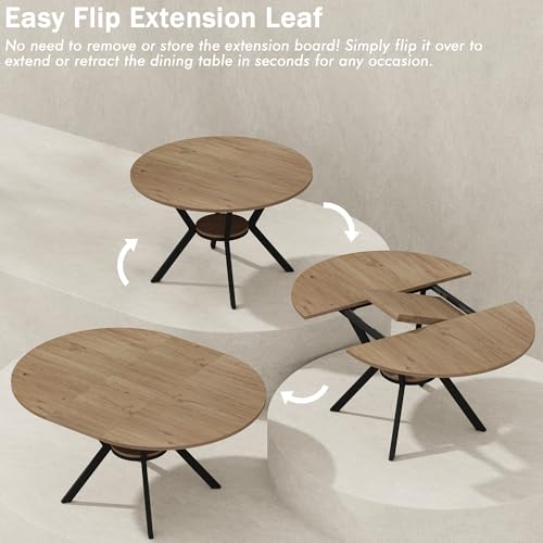 Extendable Round Dining Table, 42" to 58" Oval Table with Storage Shelf