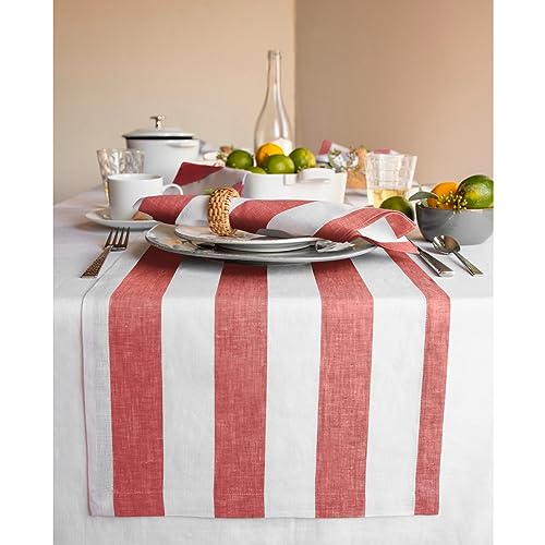 Solino Home 100% Linen Table Runner Red & White Stripe 14 x 90 Inch – 6–8 Seater