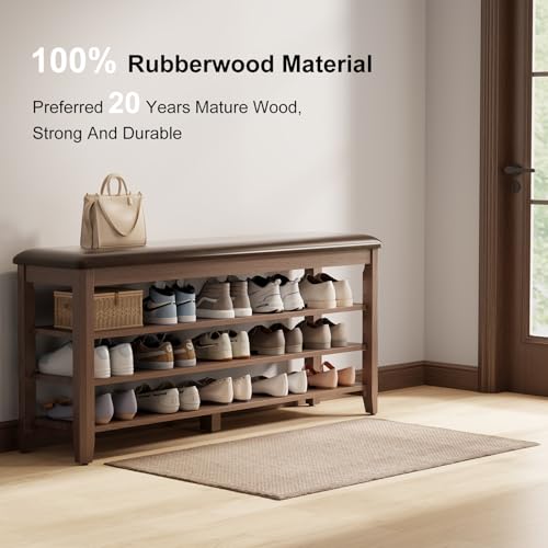 3-Tier Rubberwood Shoe Storage Bench with PU Leather Cushion