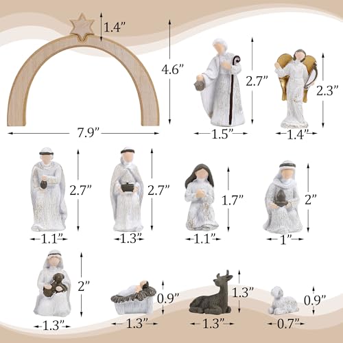 11-Piece Christmas Nativity Set with Wooden Arched Stable & Resin Figurines
