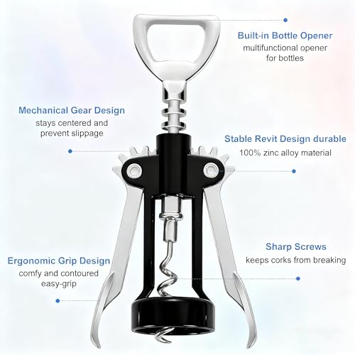 Multifunctional Zinc Alloy Corkscrew Wine Opener with Ergonomic Wing Handle