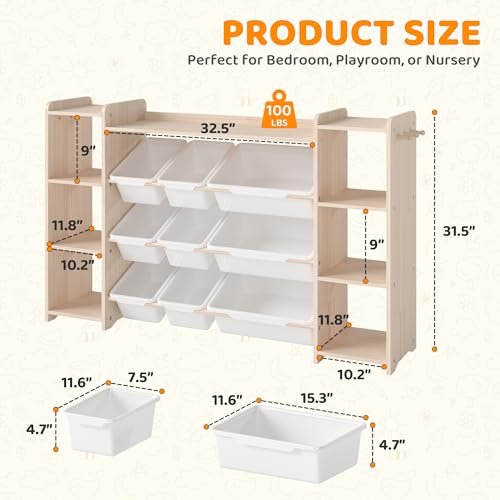 Solid Wood Kids Toy Storage Organizer with Bookshelf, 9 Bins & 6 Hooks